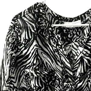 Oleg Cassini Woman Popover Silky Top 1X Black White Animal Print Semi‎ Sheer